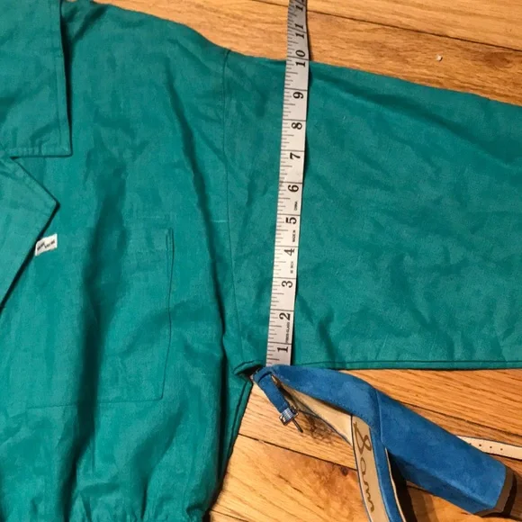 ✈️Nok Nok Vintage Ramie Teal Bodice wrap Overlay shirtdress Shift Sheath Pencil - Picture 14 of 16